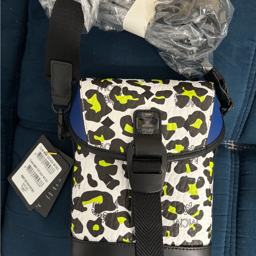 MCM Black and White Messenger Bag with Leopard Print